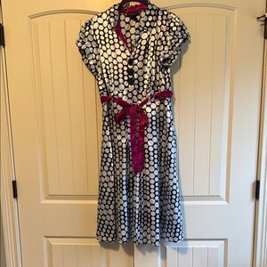 Robbie Bee Black and White Polka Dot Midi Dress with Fuchsia Sash